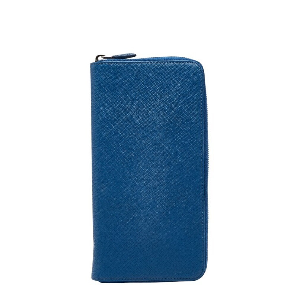 Prada Round Zip Long Wallet Blue Saffiano Leather